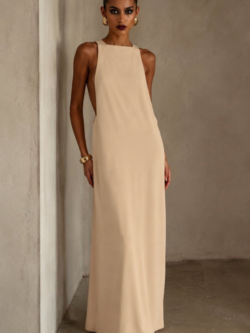 Mango Suit Nude Beige Open Back Maxi Dress Size US 8 Large Minimalist Evening